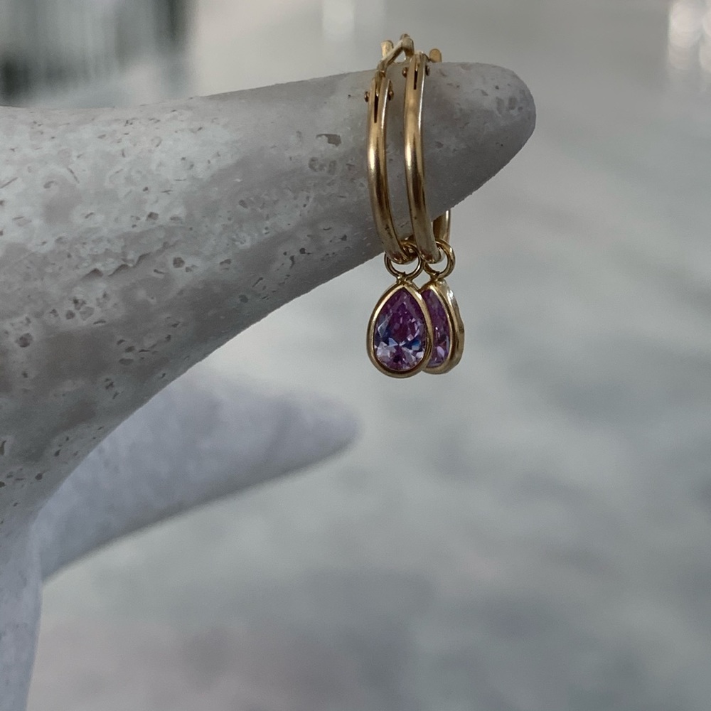 14kt Gold Small Hoops with Topaz - Picture 4 of 5